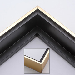 This solid wood canvas floater picture frame features a shiny brushed gold on the outside edge and narrow face.  The long inside step and base are a matte black. 

Display your favourite gallery wrapped canvas Giclée print or oil painting with authentic, fine art style. This canvas floating frame is ideal for large images on 1.5 " deep (thick) canvases.

*Note: These canvas floaters are for stretched canvas prints and paintings, and raised wood panels.