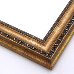 This gold foil, solid wood frame with a crown moulding profile features two distinct designs.  One tops a deep scoop with a heavily cracked, antique finish. There is a narrow row of detail on the inner lip as well.

1.75 " width: ideal for medium images. The detailed nature of this frame makes it suitable for bright or busy paintings or photographs.  It may overpower a simpler image.