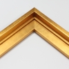 This stair step wood floater frame has a high shine, brushed gold finish with a steep upper and small lower step. The canvas will hover neatly within the simple, modern border. 

Give an authentic, fine art display to your favourite Giclée print or oil painting. This size is ideal for thin (3/4 " deep) gallery wrap canvases. The canvas may protrude slightly above the frame face. 

*Note: These solid wood, custom canvas floaters are for stretched canvas prints and paintings, and raised wood panels.